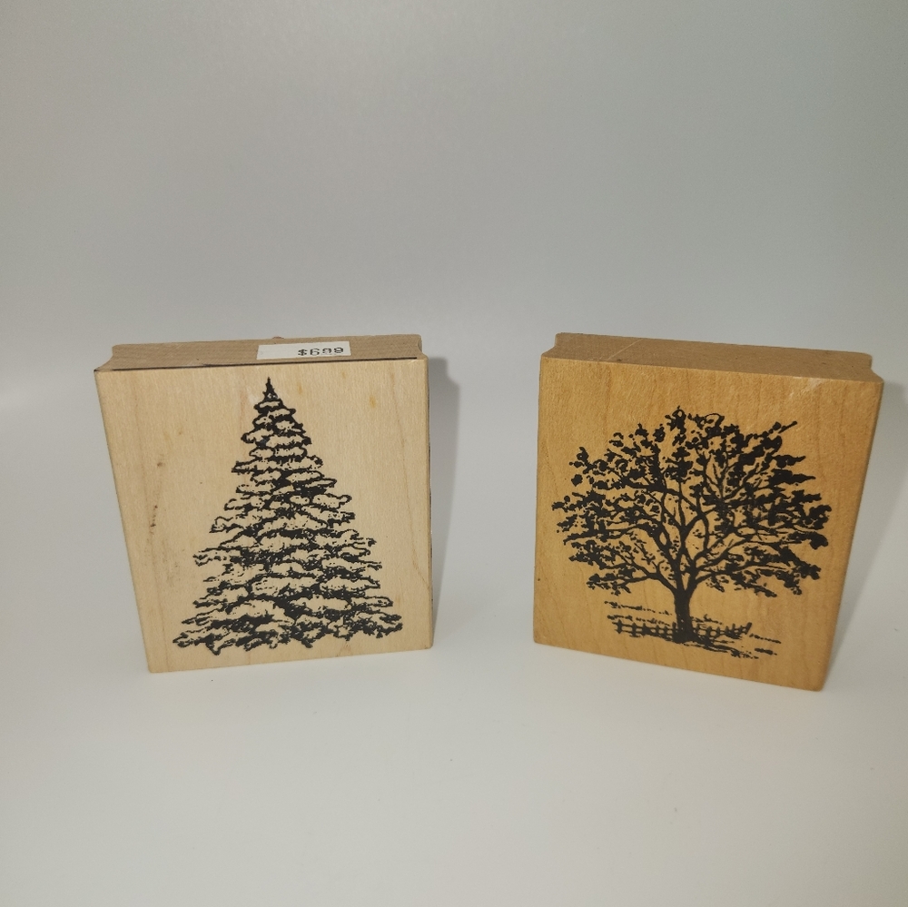 Vintage Set Of 2 Northwoods Rubber Stamps Wood 2.5" Tall Evergreen Tree Stamp
